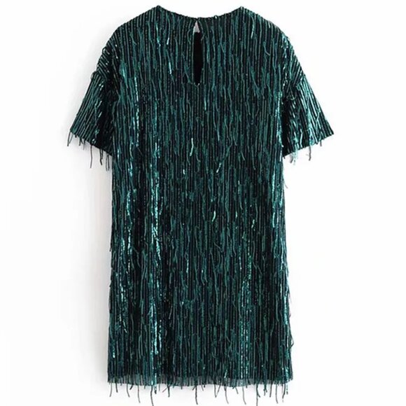 💥SHOWSTOPPER💥1920's Flapper Style Sequin & Fringe Cocktail Dr in Emerald Green - Picture 11 of 16